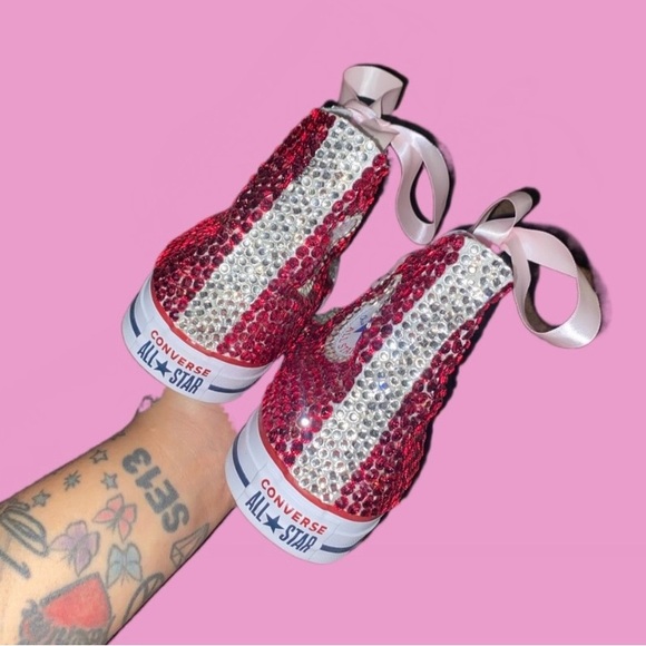 Rose Pink & Crystal High Top Converse Sizes 5-14 New In Box With Ribbon Laces - Picture 5 of 14